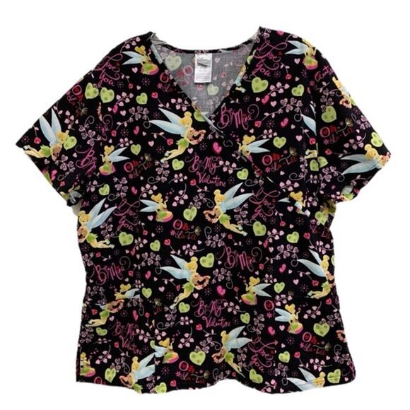 DISNEY SCRUB TOP WOMEN’S XL PURPLE PINK TINKER BELL BE MY VALENTINE POCKETS. - Picture 1 of 10